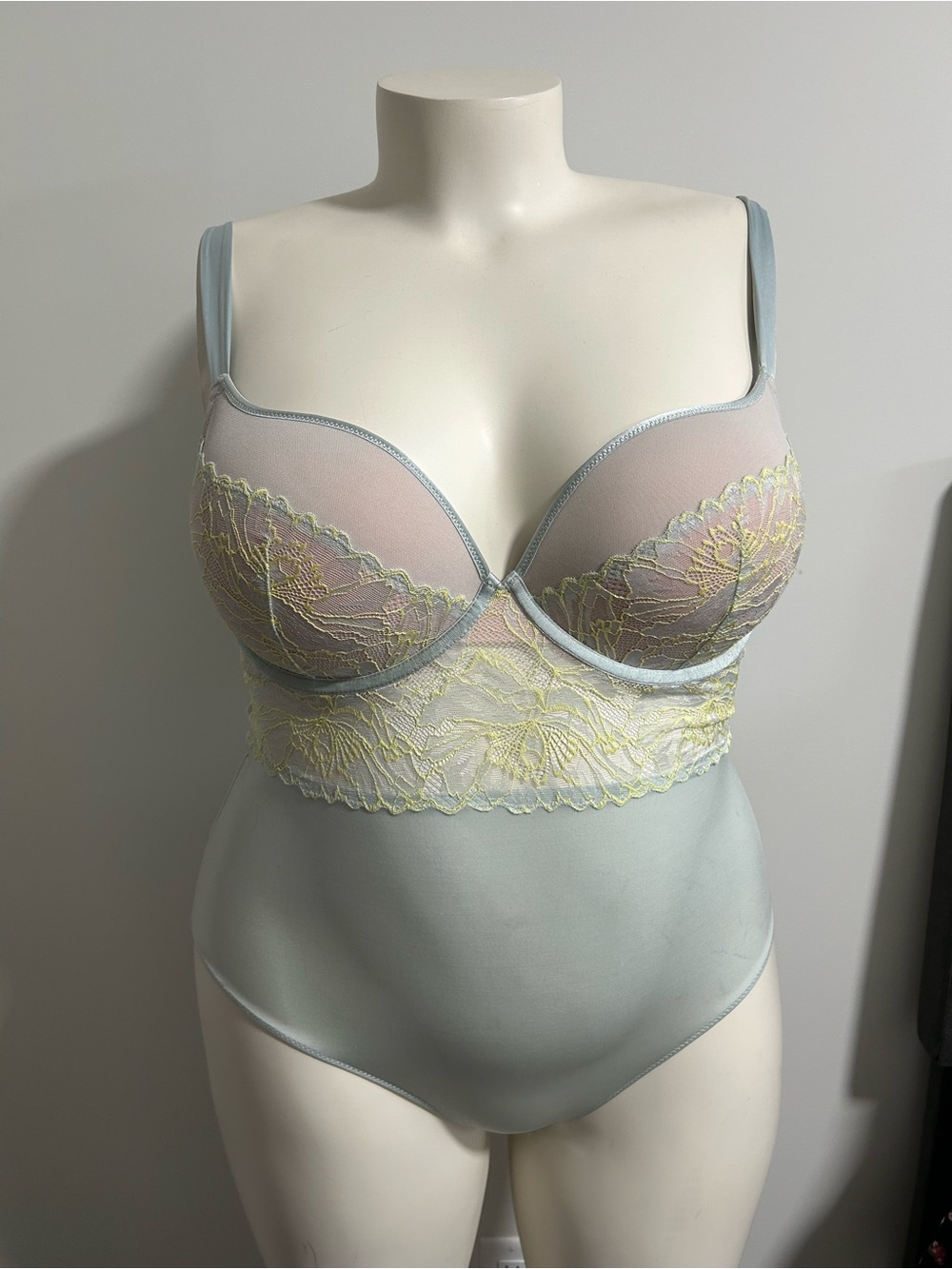 Auden Light Blue Bodysuit with Pale Pink Cups and Yellow Lace